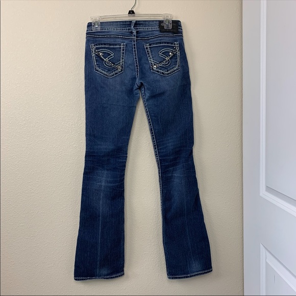 Dark Wash Silver bootcut Jeans w/ Jeweled Pockets - Picture 6 of 8